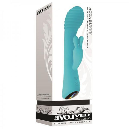 Evolved Aqua Bunny 9 Shaft Function 9 Clit Stim Functions Rechargeable Silicone Waterproof Teal - The Blissful Gypsy - 