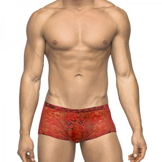 Male Power Stretch Lace Mini Short Red X-large - The Blissful Gypsy - 